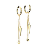 Pair of 316L Surgical Steel Gold PVD Ball And Spike Chain Dangle Hoop Earrings